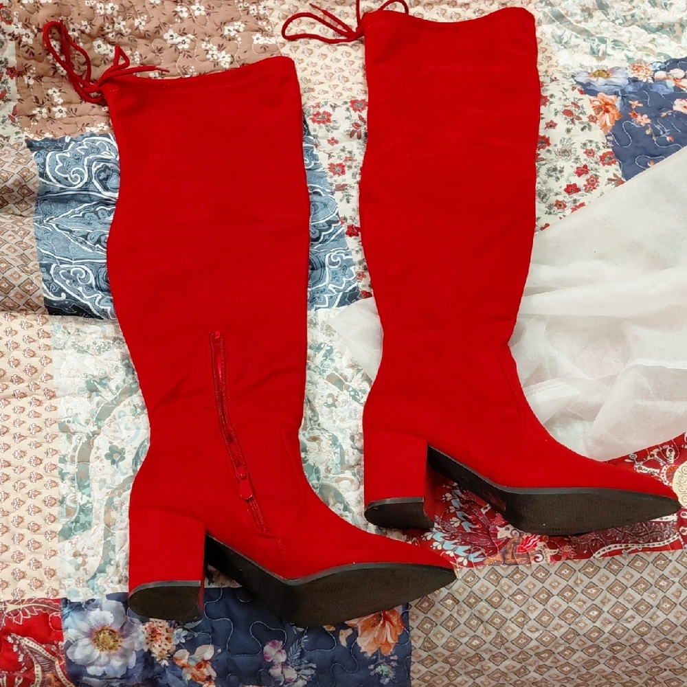 Red Over-the-Knee Block Heel Boots